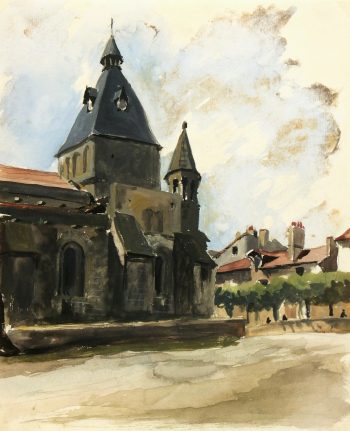Watercolor Landscape - Church Facade, Circa 1940-main-6672K