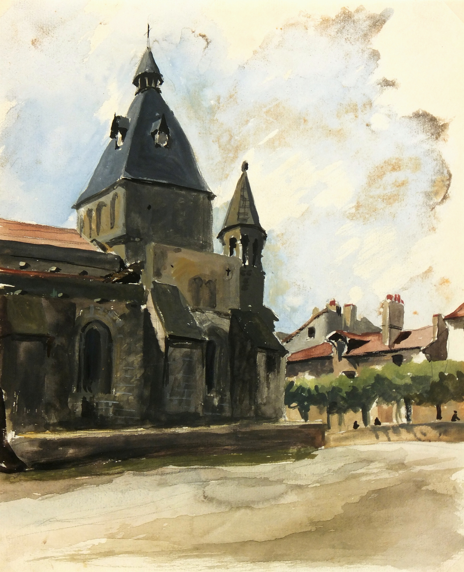 Watercolor Landscape - Church Facade, Circa 1940-main-6672K
