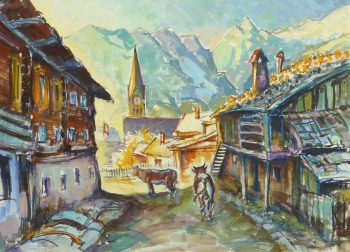 Watercolor Landscape - Rustic Mountain Town, Circa 1950-main-10713M