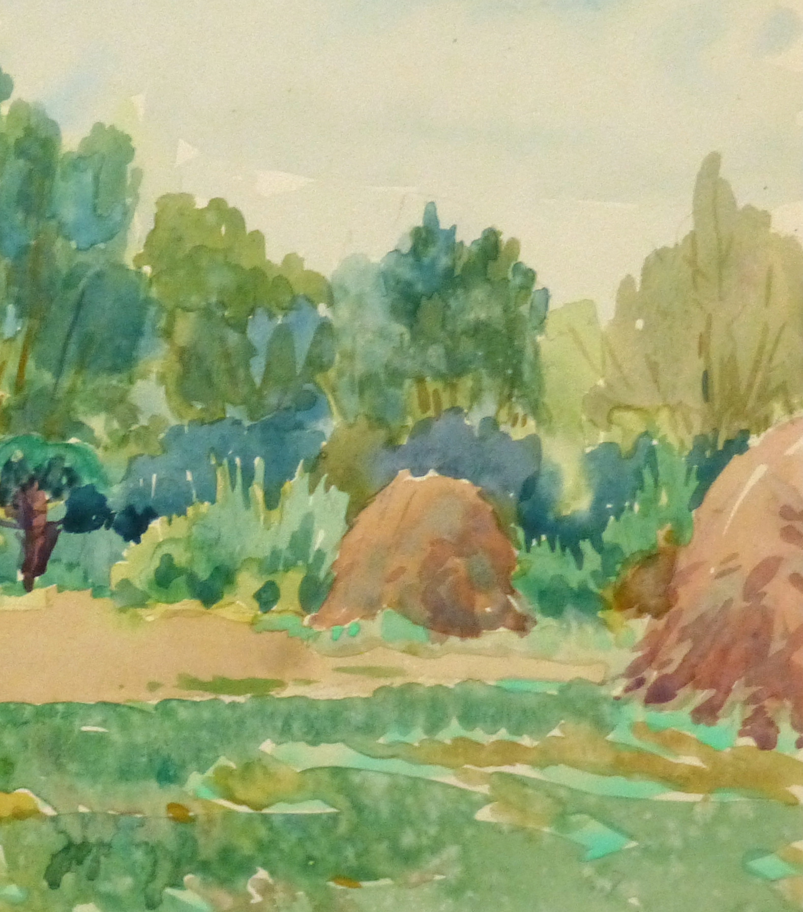 Watercolor Landscape - Hay Field, Circa 1930-detail-10722M