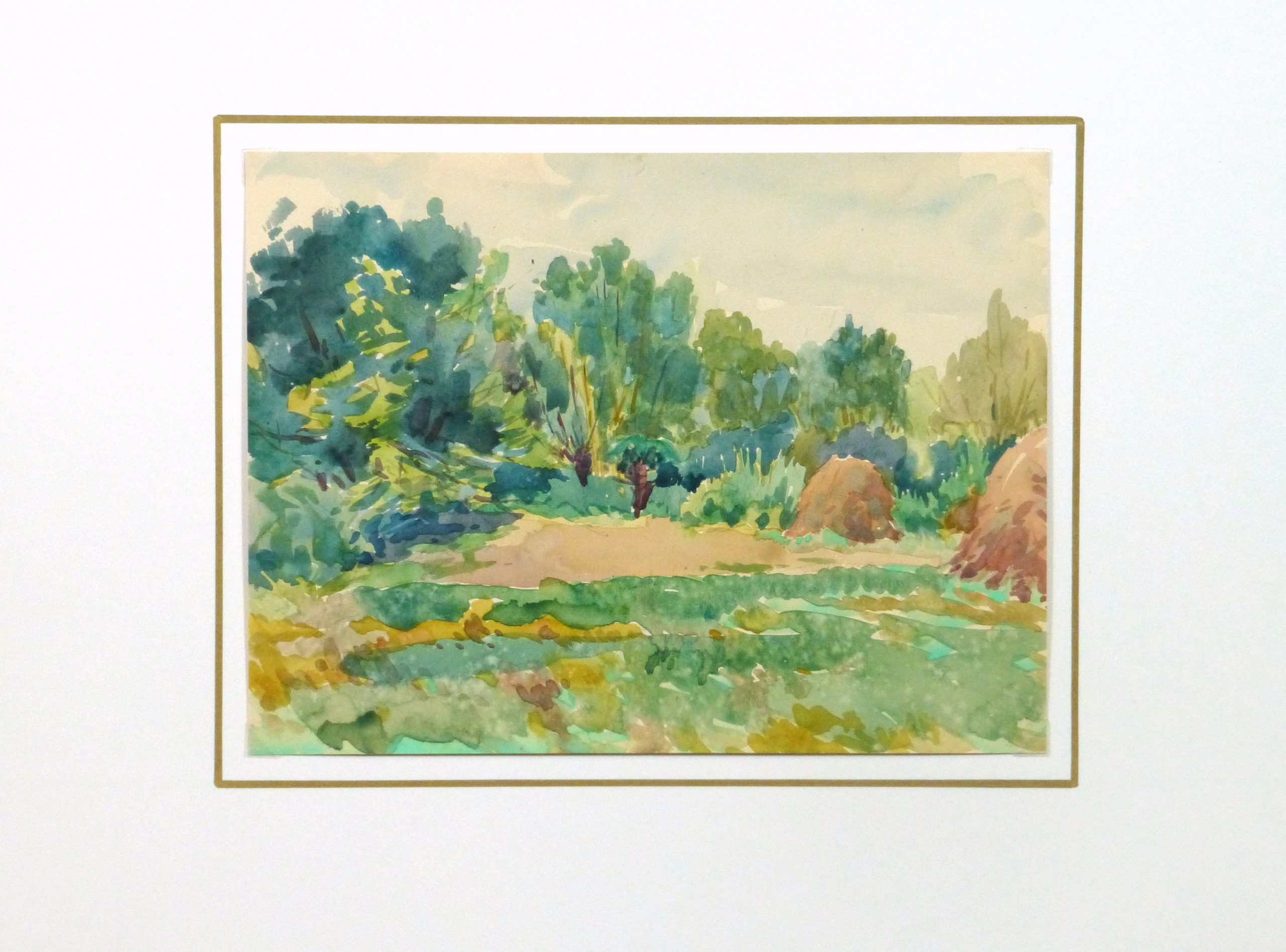 Watercolor Landscape - Hay Field, Circa 1930-matted-10722M