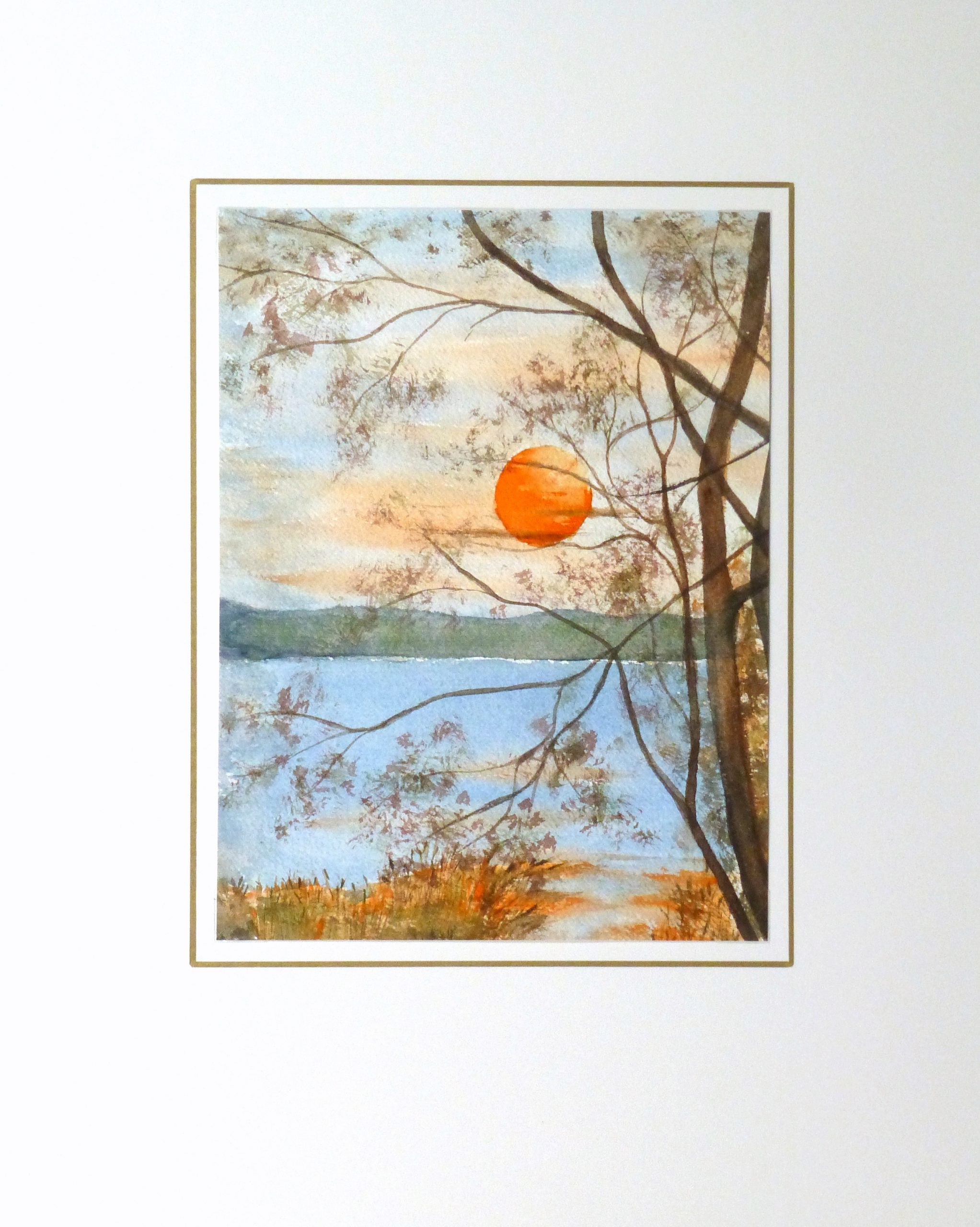 Watercolor Landscape- Twilight Lake, Circa 1970-matted-10728M