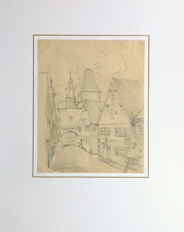 Pencil Drawing - Village Street, Circa 1930-matted-10737M