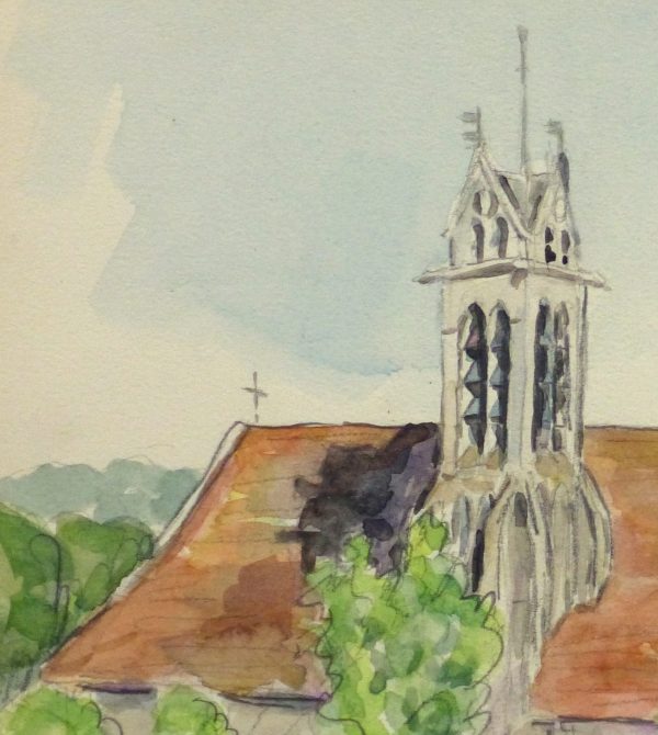 Watercolor Landscape - Rural Church, Circa 1930-detail 2-10738M