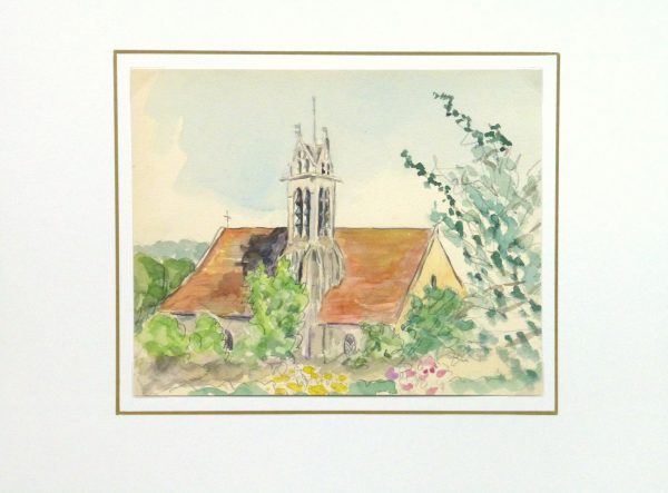 Watercolor Landscape - Rural Church, Circa 1930-matted-10738M