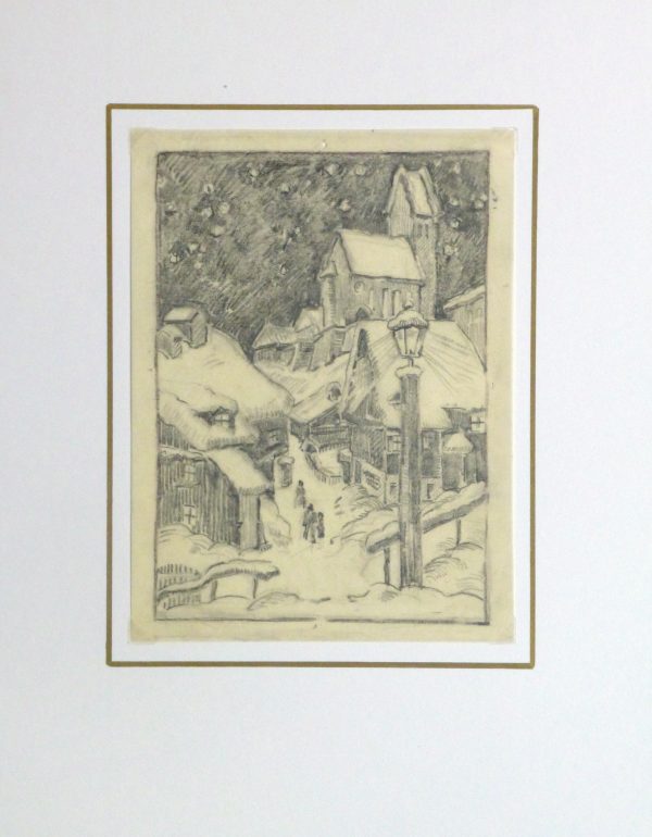 Pencil Drawing - Winter Village, Circa 1930-matted-10745M