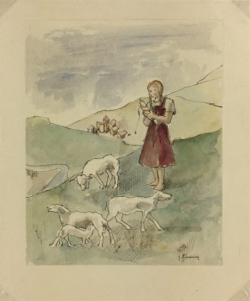 Animals Original Art - French Watercolor Collé - Shepherd Girl, c.1930