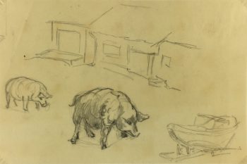 Animals Original Art - Pigs Drawing, Werner Bell, c.1960