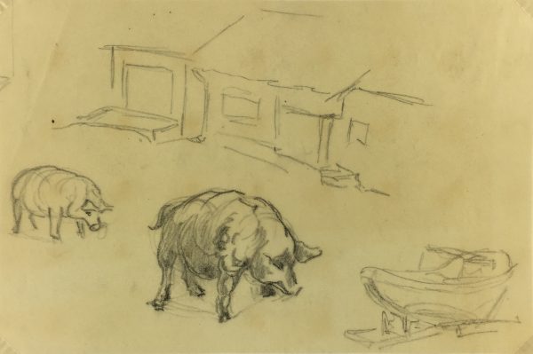 Animals Original Art - Pigs Drawing, Werner Bell, c.1960