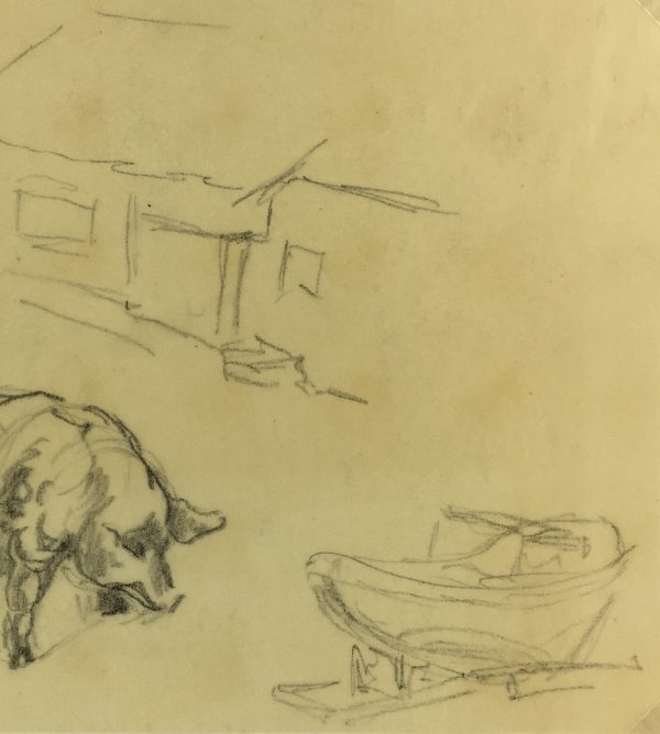 Animals Original Art - Pigs Drawing, Werner Bell, c.1960