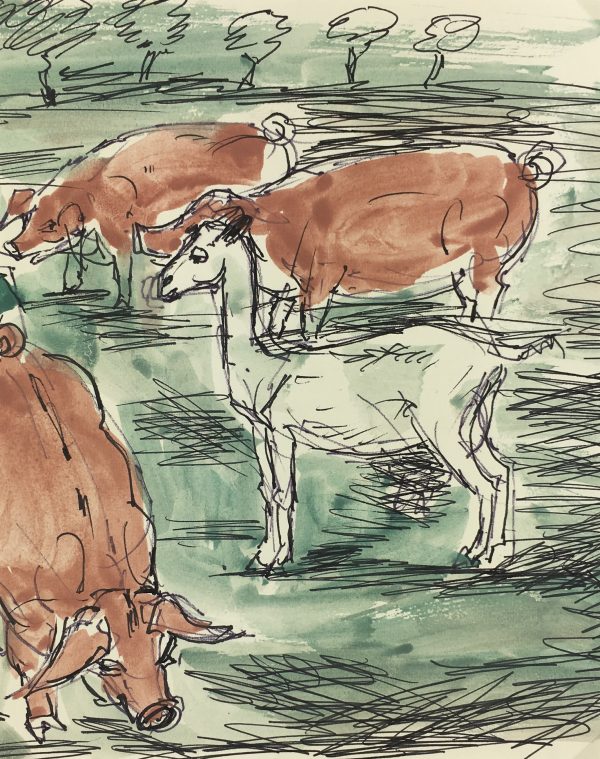 Animals Original Art - Pigs & Goat, Kaupisch von Reppert, c.1950