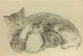 Animals Original Art - Cat Family, French, 1990s