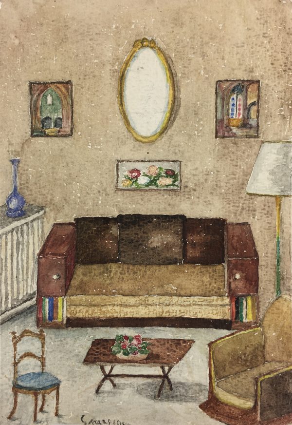 Architecture Original Art - Living Room, Signed, French, c.1960