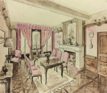 Architecture Original Art - Watercolor - Dining Room, c.1950