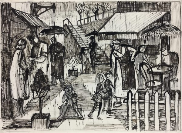 Black & White Modern Original Art - Ink - Light Rain, c.1950