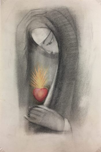 Black & White Modern Original Art - Charcoal - Sacred Heart, c.1970