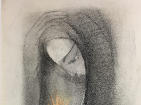 Black & White Modern Original Art - Charcoal - Sacred Heart, c.1970