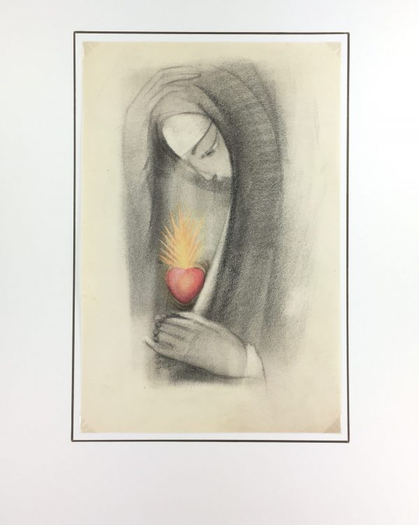 Black & White Modern Original Art - Charcoal - Sacred Heart, c.1970