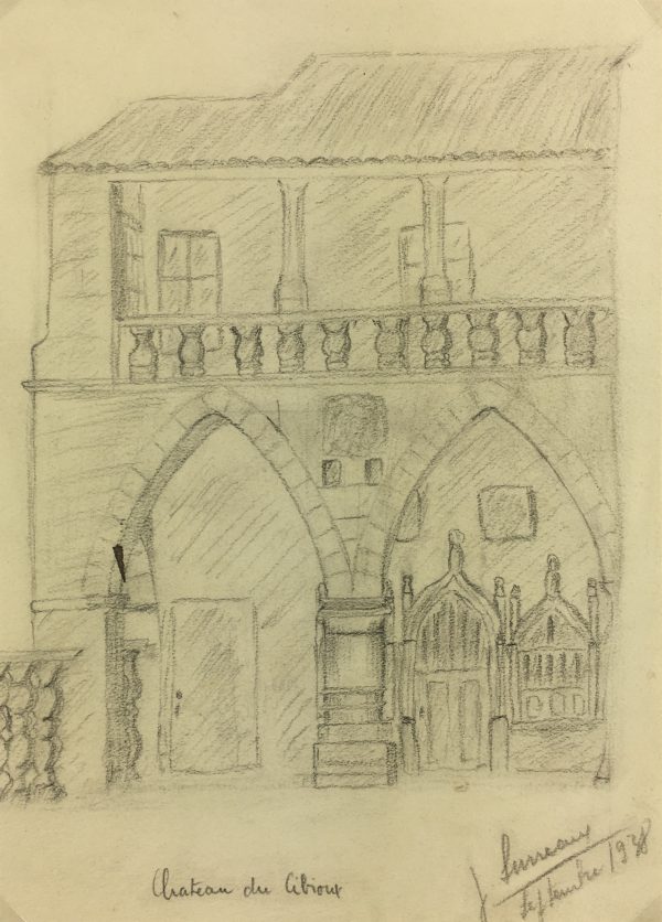Places Drawings Original Art - Chateau de Cibioux, Signed, (French), 1938