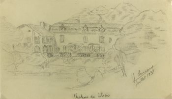 Places Drawings Original Art - Chateau de Cibioux, Signed, (French), 1938
