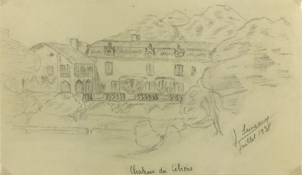 Places Drawings Original Art - Chateau de Cibioux, Signed, (French), 1938