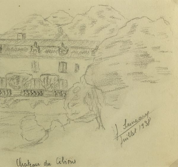 Places Drawings Original Art - Chateau de Cibioux, Signed, (French), 1938