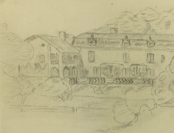 Places Drawings Original Art - Chateau de Cibioux, Signed, (French), 1938