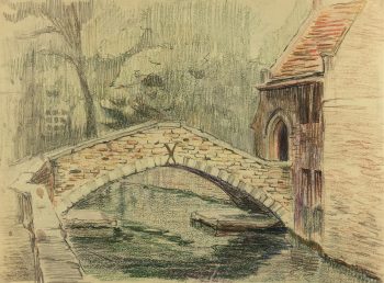 Places Drawings Original Art - Oil Pastel - Stone Bridge, c.1930