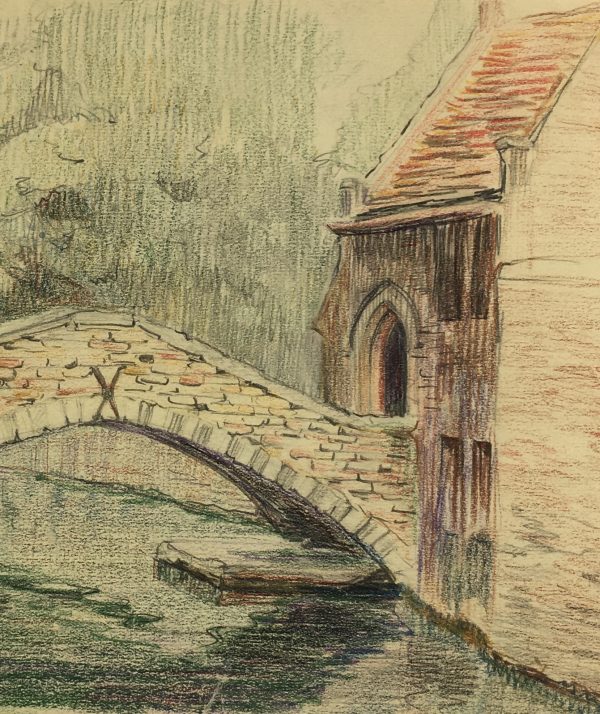 Places Drawings Original Art - Oil Pastel - Stone Bridge, c.1930