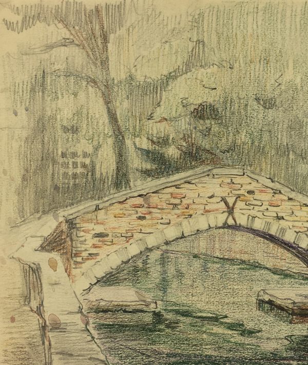 Places Drawings Original Art - Oil Pastel - Stone Bridge, c.1930