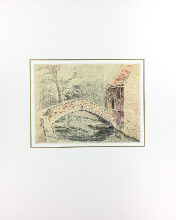 Places Drawings Original Art - Oil Pastel - Stone Bridge, c.1930