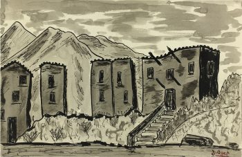 Places Drawings Original Art - Mountain Town, J. Oget, c.1960