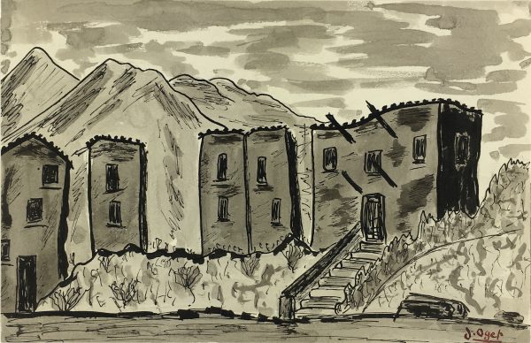 Places Drawings Original Art - Mountain Town, J. Oget, c.1960