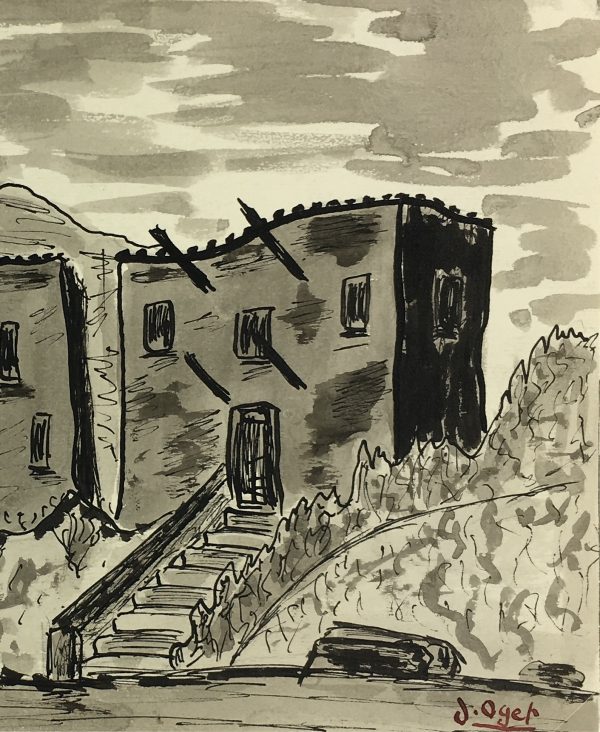 Places Drawings Original Art - Mountain Town, J. Oget, c.1960