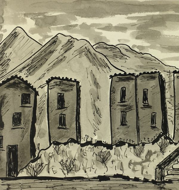 Places Drawings Original Art - Mountain Town, J. Oget, c.1960