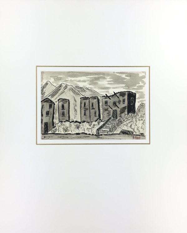 Places Drawings Original Art - Mountain Town, J. Oget, c.1960