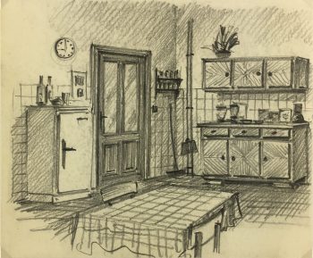 Drawings Original Art - Belgian Drawing - Kitchen, c.1950
