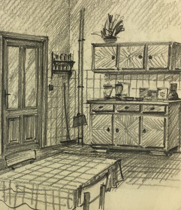 Drawings Original Art - Belgian Drawing - Kitchen, c.1950