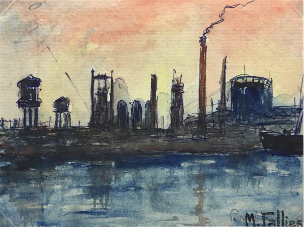 Europe Original Art - Ship docks, Maurice Fallies, C.1950