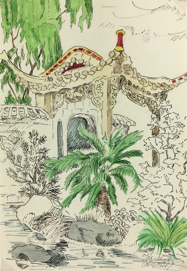 Europe Original Art - Watercolor Drawing - Garden, 1983