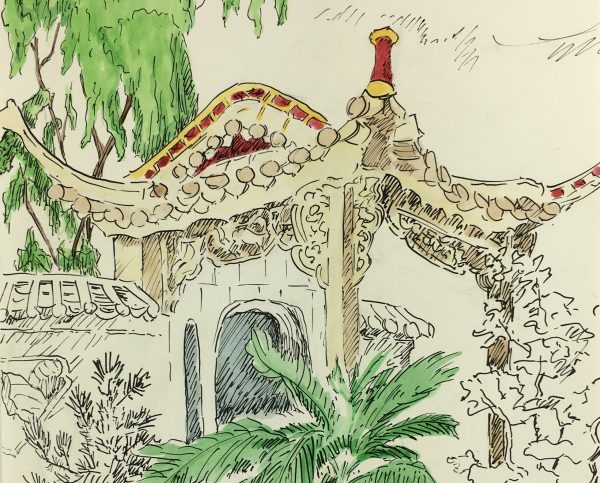 Europe Original Art - Watercolor Drawing - Garden, 1983