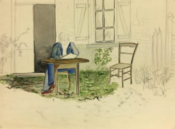 France Original Art - Pencil Watercolor - Reading, c.1960