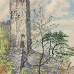 France Original Art - Ruined Castle, F. Jacobin, 1943