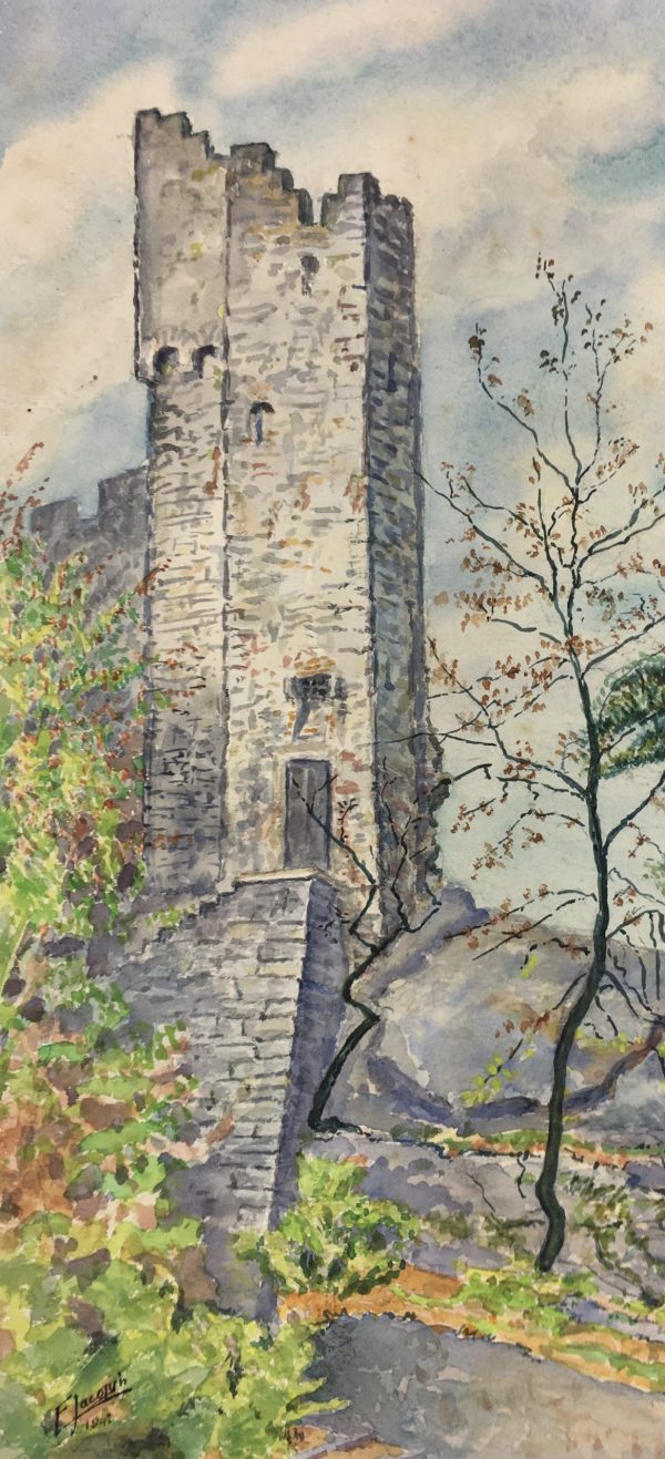 France Original Art - Ruined Castle, F. Jacobin, 1943