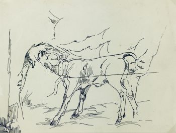 Animals Cattle Original Art - Milking Calf, Kei MItsuuchi (1948-01), 1990