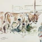 Animals Cattle Original Art - Milking Cow, P. Lagosse (1921-96), C.1950