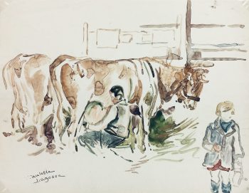Animals Cattle Original Art - Milking Cow, P. Lagosse (1921-96), C.1950