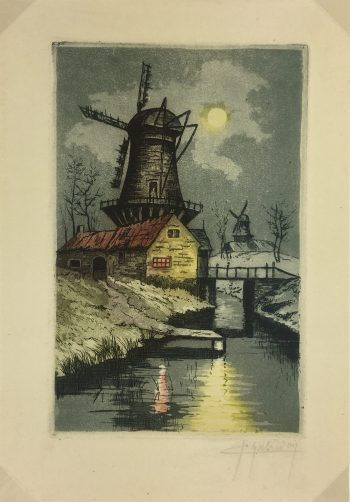 Engravings & Etchings Original Art - Moonlit Windmill, Habridon, c.1930