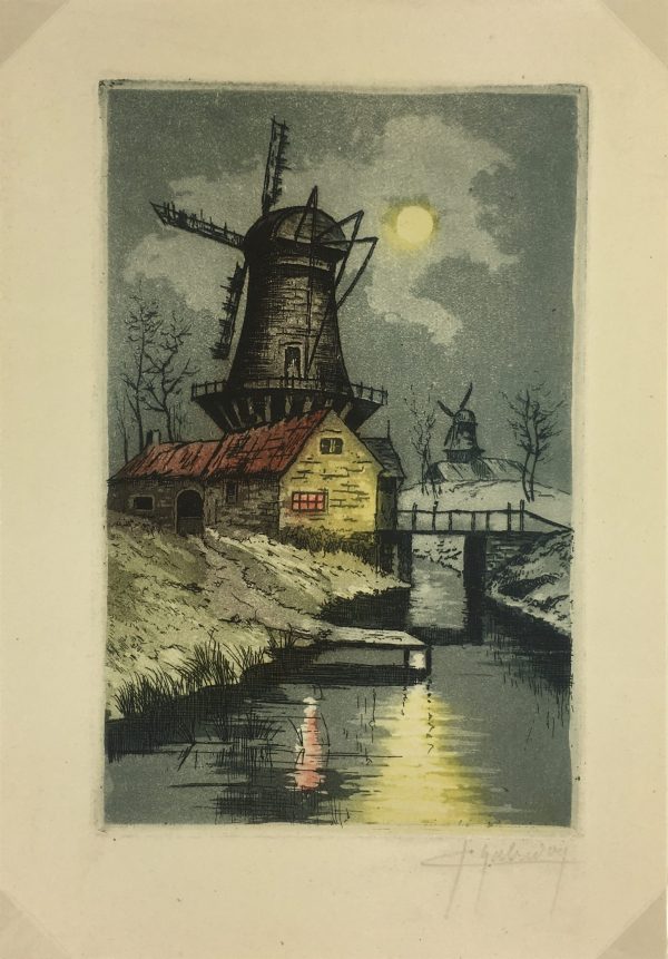 Engravings & Etchings Original Art - Moonlit Windmill, Habridon, c.1930
