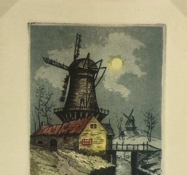 Engravings & Etchings Original Art - Moonlit Windmill, Habridon, c.1930